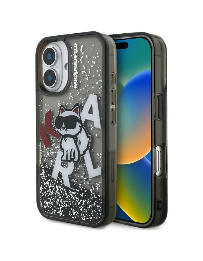Karl Lagerfeld Liquid Glitter Choupette Logo iPhone 16 Case - Black