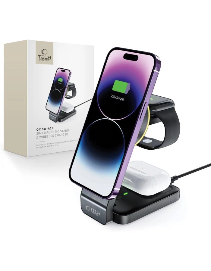 Tech-Protect QI15W-A28 MagSafe 3in1 Inductive Charger with Smartphone / Apple Watch / AirPods Stand - Black Tech-Protect QI15W-A28 MagSafe 3in1 Inductive Charger with Smartphone / Apple Watch / AirPods Stand - Black