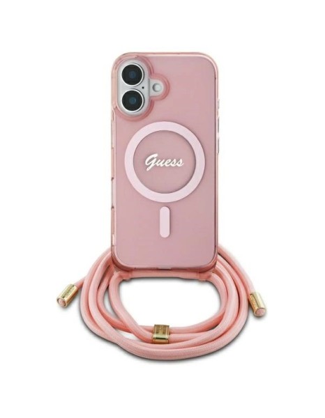Guess Crossbody Cord Script MagSafe iPhone 16 Case - Pink Guess Crossbody Cord Script MagSafe iPhone 16 Case - Pink