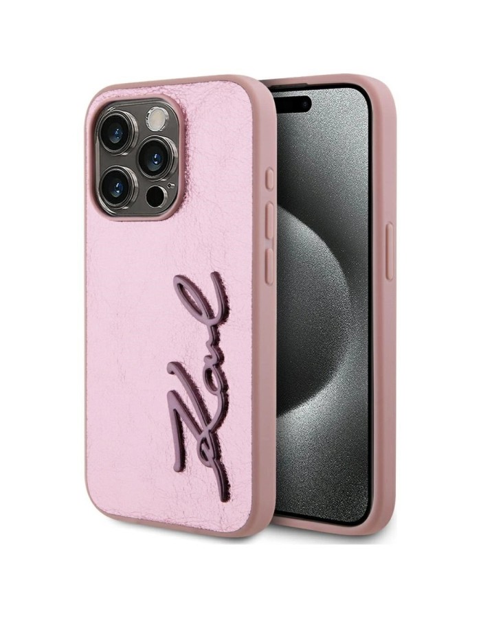 Karl Lagerfeld Wrinkled Metal Signature iPhone 15 Pro Case - Pink