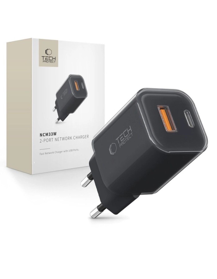 Tech-Protect NCM33W 2-port PD33W/QC3.0 wall charger - black Tech-Protect NCM33W 2-port PD33W/QC3.0 wall charger - black