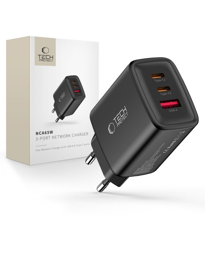 Tech-Protect NCA65W-GAN 3-Port 65W Wall Charger - Black
