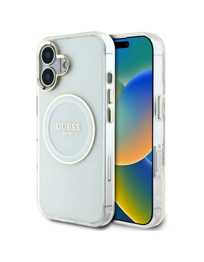 Guess IML Metal Colored Circle Classic Logo MagSafe case for iPhone 16 - white