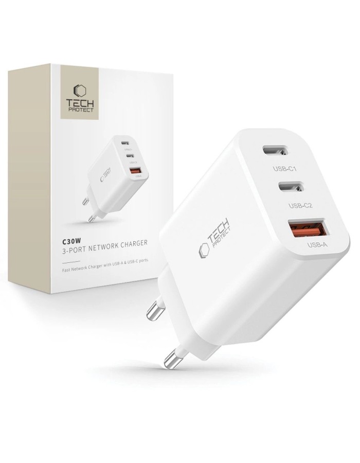 Tech-Protect NC30W charger 2x USB-C PD 30W / USB-A QC 3.0 - white Tech-Protect NC30W charger 2x USB-C PD 30W / USB-A QC 3.0 - white