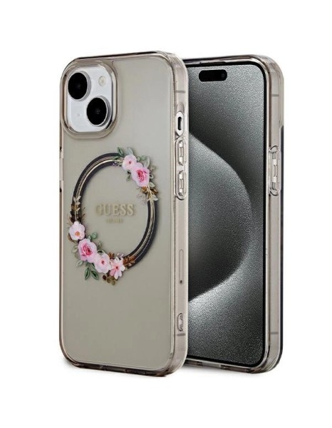 Guess IML Flowers Wreath MagSafe case for iPhone 15 / 14 / 13 - black