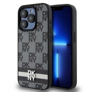 DKNY Leather Checkered Mono Pattern &amp;amp; Printed Stripes iPhone 15 Pro Case - Black