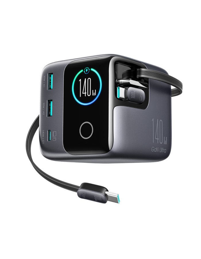Joyroom Podix JR-TRD01 GaN 140W Desktop Charger with 5 Ports and Dual Retractable Cables - Gray