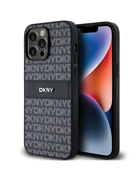 DKNY Leather Mono Stripe &amp;amp; Metal Logo case for iPhone 14 Pro - black