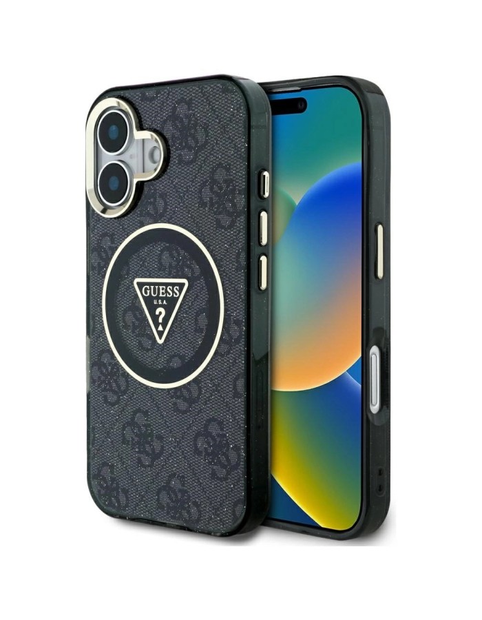 Guess IML Metal Glitter 4G Circle Triangle MagSafe Case for iPhone 16 - Black Guess IML Metal Glitter 4G Circle Triangle MagSafe Case for iPhone 16 - Black