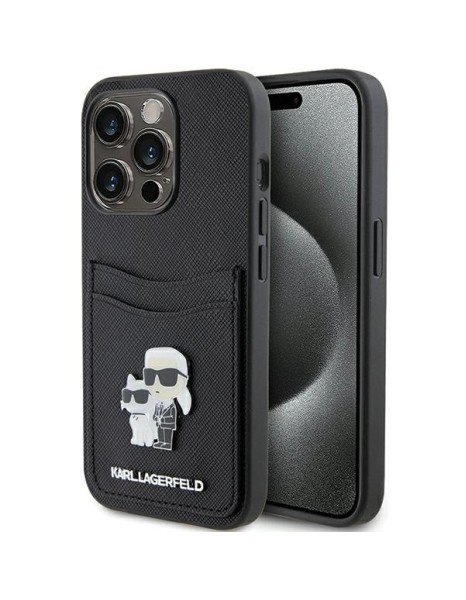 Karl Lagerfeld Saffiano Cardslot Karl&amp;amp;Choupette Metal Pin case for iPhone 15 Pro - black