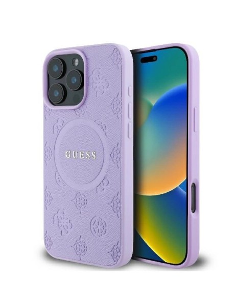 Guess Saffiano Peony Classic Logo MagSafe iPhone 16 Pro Case - Purple Guess Saffiano Peony Classic Logo MagSafe iPhone 16 Pro Case - Purple