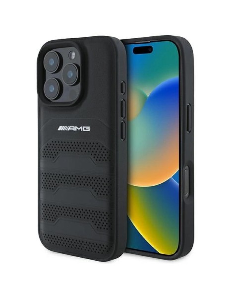 AMG Leather Debossed Lines Black Logo iPhone 16 Pro Max Case - Black AMG Leather Debossed Lines Black Logo iPhone 16 Pro Max Case - Black
