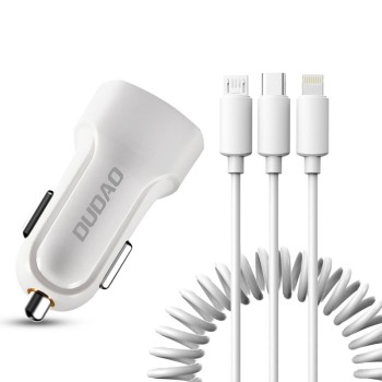 Dudao car kit charger 2x USB 2.4A + cable USB 3in1 Lightning / Type C / micro USB cable white (R7 white) Dudao car kit charger 2x USB 2.4A + cable USB 3in1 Lightning / Type C / micro USB cable white (R7 white)