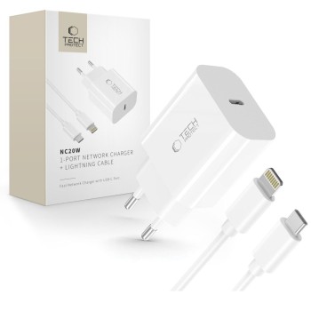 Tech-Protect NC20W Wall Charger with 100 cm USB-C / Lightning Cable - White Tech-Protect NC20W Wall Charger with 100 cm USB-C / Lightning Cable - White