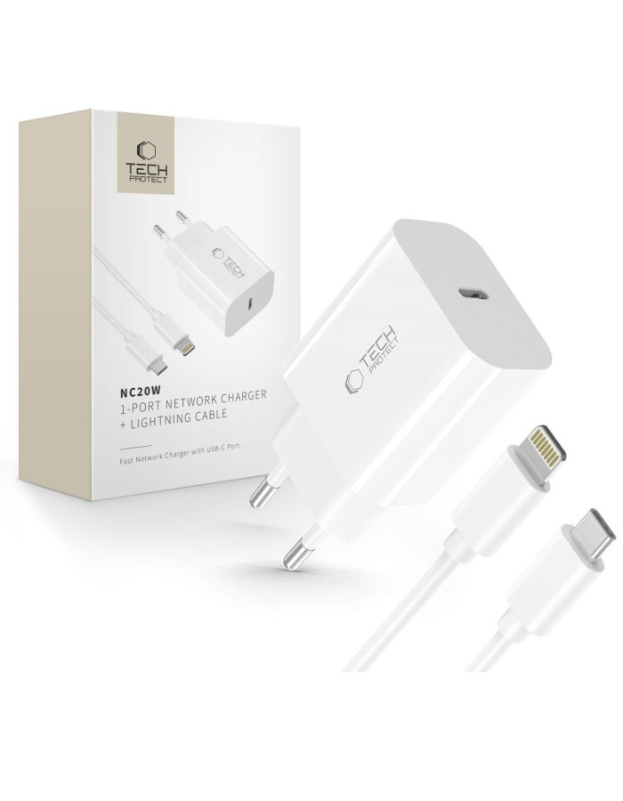 Tech-Protect NC20W Wall Charger with 100 cm USB-C / Lightning Cable - White Tech-Protect NC20W Wall Charger with 100 cm USB-C / Lightning Cable - White