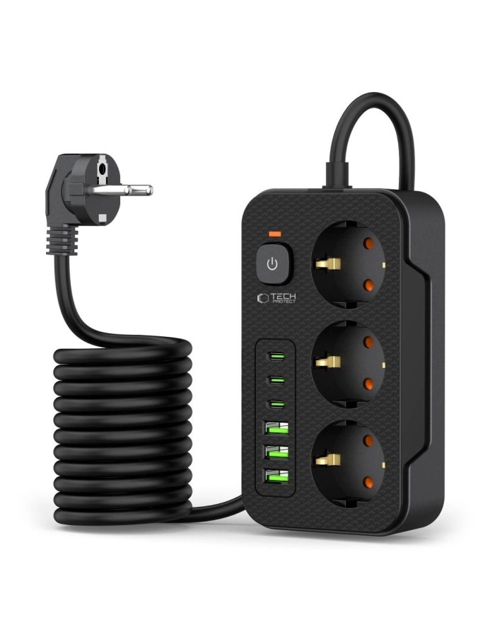 Tech-Protect PC3X6 Power Strip 3 Sockets 240V + 3xUSB-A + 3xUSB-C 200cm - Black Tech-Protect PC3X6 Power Strip 3 Sockets 240V + 3xUSB-A + 3xUSB-C 200cm - Black