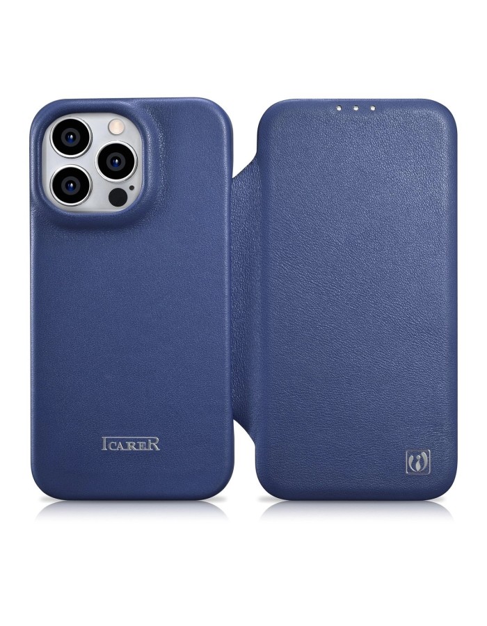 iCarer CE Premium Leather Folio Case iPhone 14 Pro Magnetic Flip Leather Folio Case MagSafe Blue (WMI14220714-BU)
