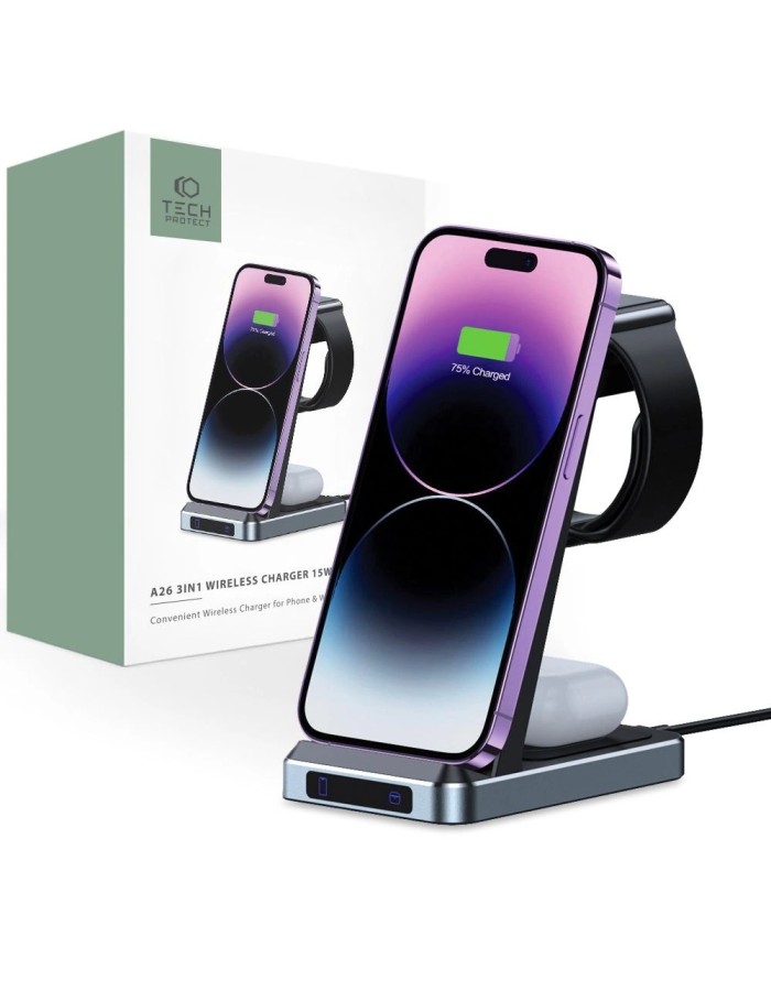 Tech-Protect QI15W-A26 Inductive Charger 15W 3in1 for Smartphone / Headphones / Apple Watch - Black