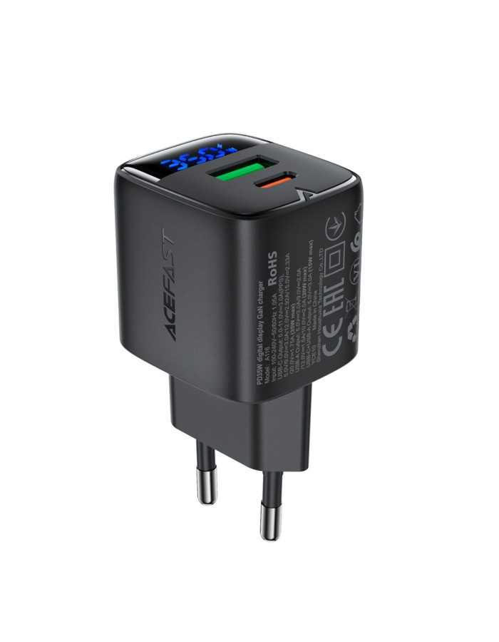 Acefast A116 GaN PD 35W USB-A USB-C Wall Charger with Display - Black