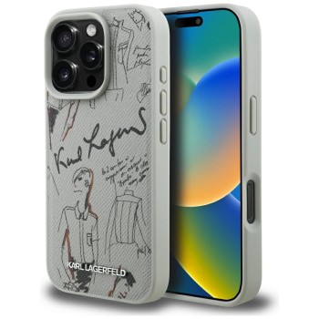 Karl Lagerfeld Grained Pattern &amp;amp; Logo MagSafe Case for iPhone 16 Pro - Gray