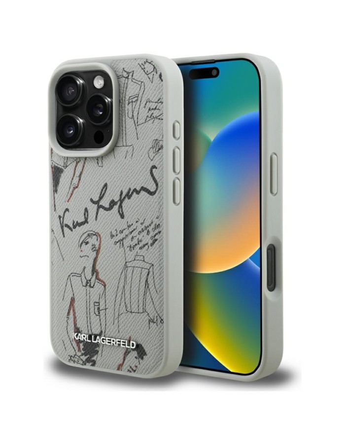 Karl Lagerfeld Grained Pattern &amp;amp; Logo MagSafe Case for iPhone 16 Pro - Gray