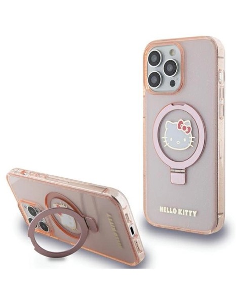 Hello Kitty Ring Stand Glitter Electrop Logo MagSafe Case for iPhone 15 Pro Max - Pink