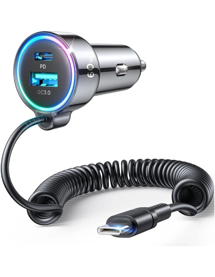 Joyroom JR-CL07 72W 3-in-1 Car Charger with 1.6m USB-C Cable – Black