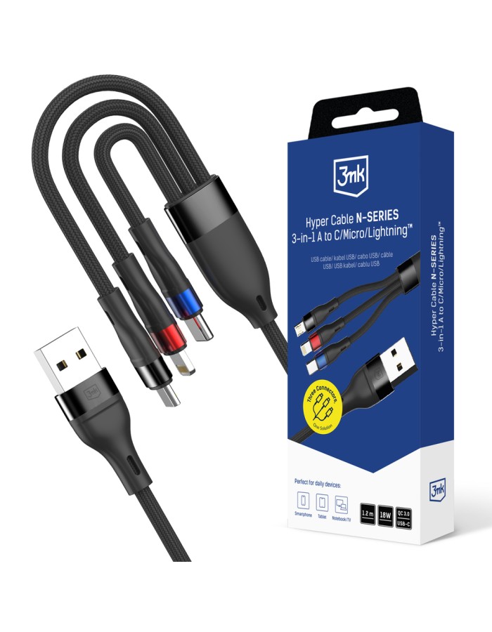 3mk Hyper Cable N-SERIES 3 in 1 USB-A / Lightning / Micro 1.2m 9V/2A 18W - black