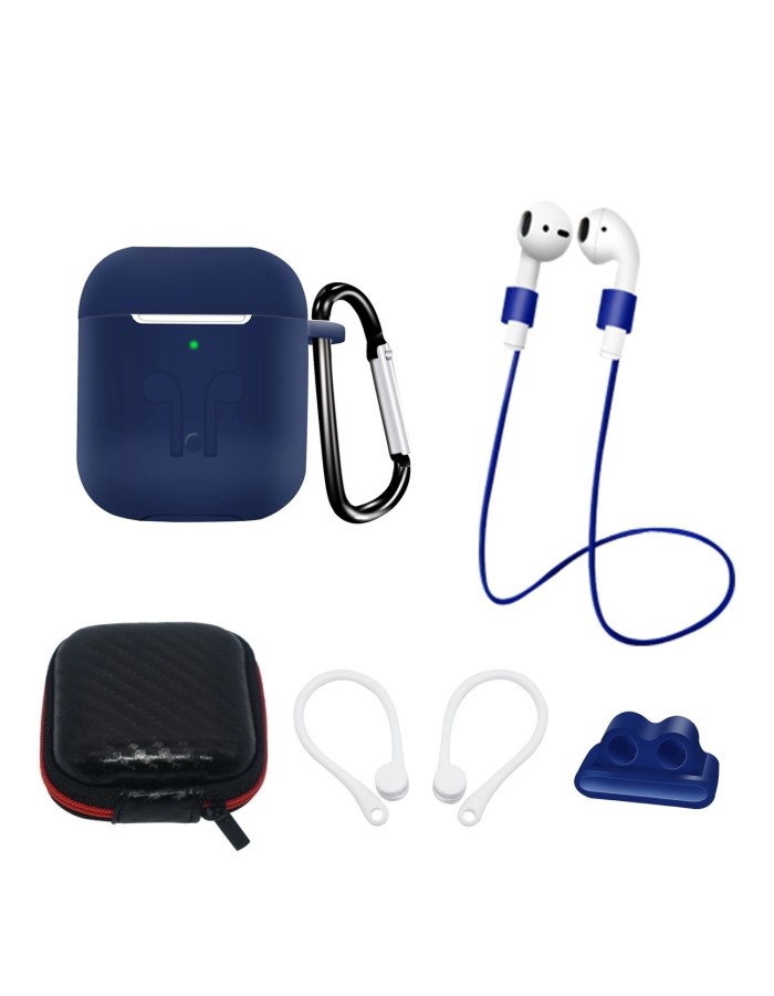 Set of AirPods 2 / AirPods 1 silicone case + case / ear hook / neck strap / watch strap holder / carabiner - blue
