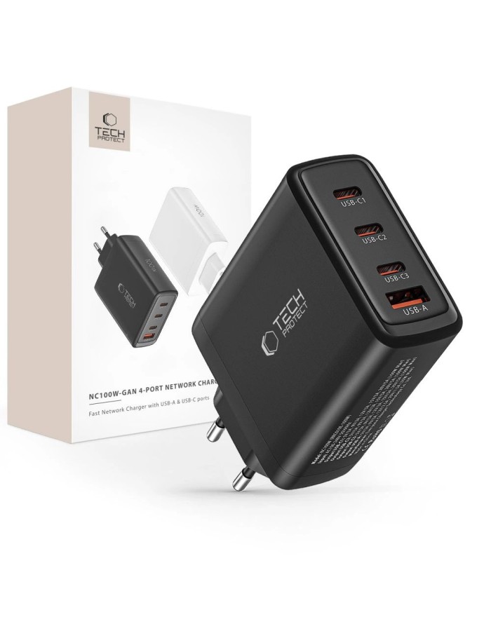 Tech-Protect NC100W-GAN charger network GaN 3x USB-C PD 100W / USB-A QC 3.0 - black