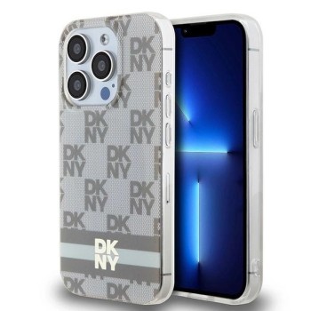 DKNY IML Checkered Mono Pattern &amp;amp; Printed Stripes MagSafe case for iPhone 15 Pro - beige