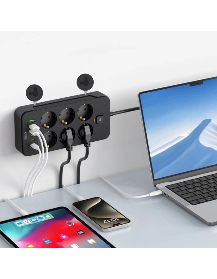 Tech-Protect PC6X6 Power Strip 6 Sockets 240V + 3xUSB-A + 3xUSB-C 200cm - Black