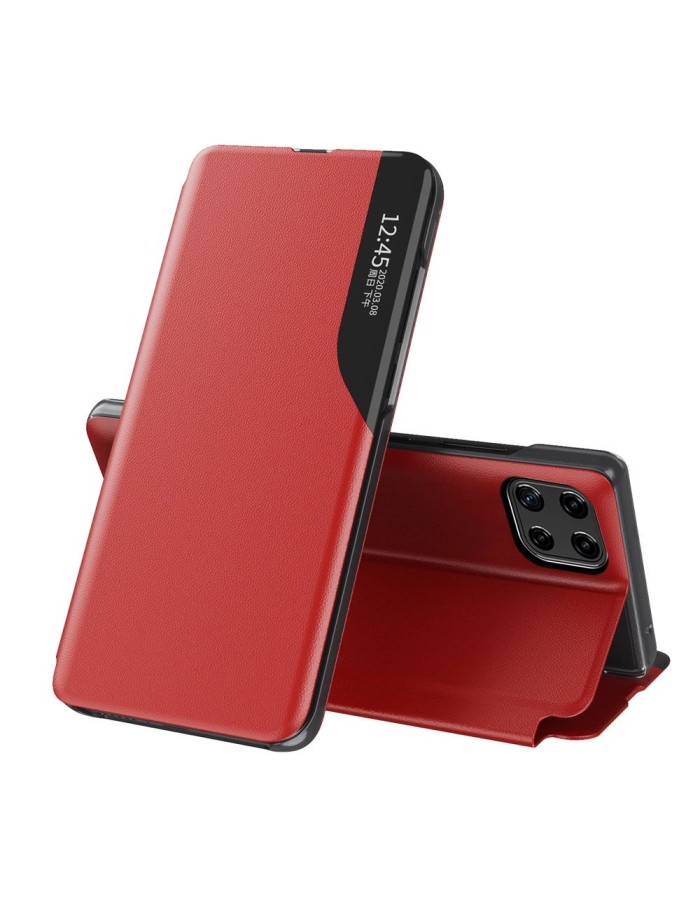 Eco Leather View Case elegant bookcase type case with kickstand for Samsung Galaxy A22 4G red