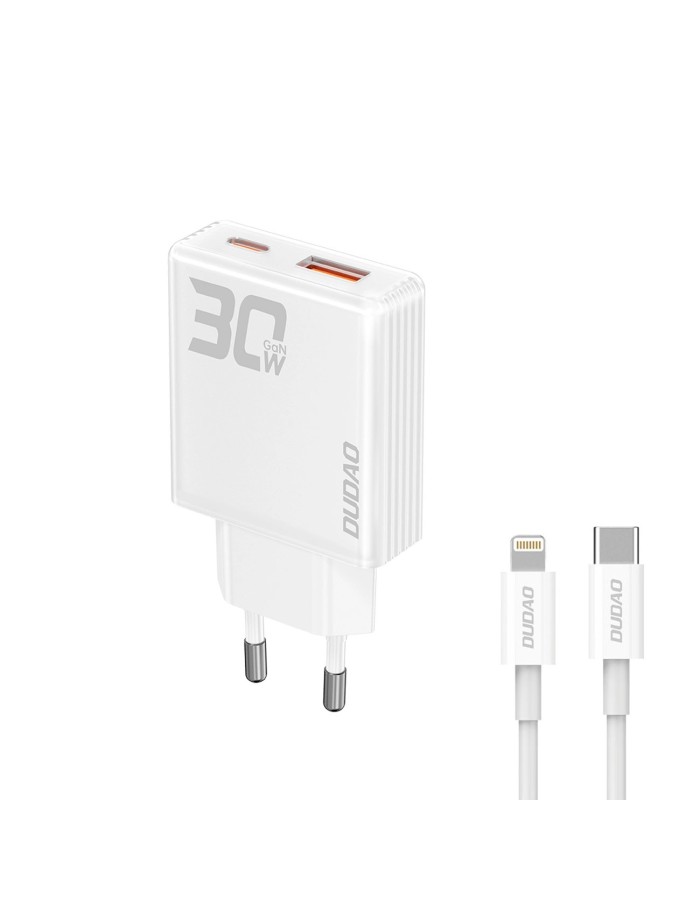 GaN Dudao A30EUL 30W USB-A / USB-C Wall Charger + USB-C - Lightning Cable - White