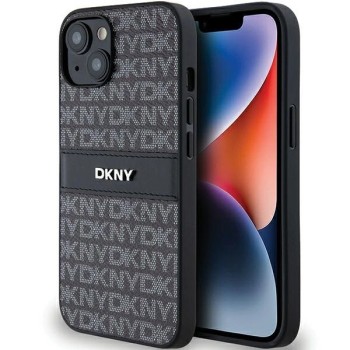 DKNY Leather Mono Stripe &amp;amp; Metal Logo Case for iPhone 15/14/13 - Black