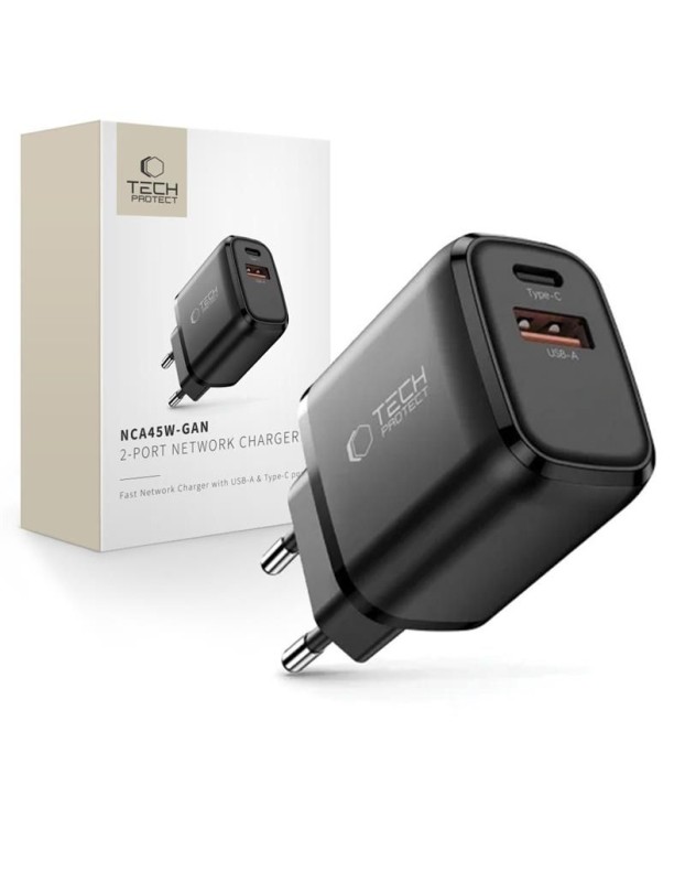 Tech-Protect NCA45W-GAN 2-Port USB-C / USB-A 45W Wall Charger - Black Tech-Protect NCA45W-GAN 2-Port USB-C / USB-A 45W Wall Charger - Black