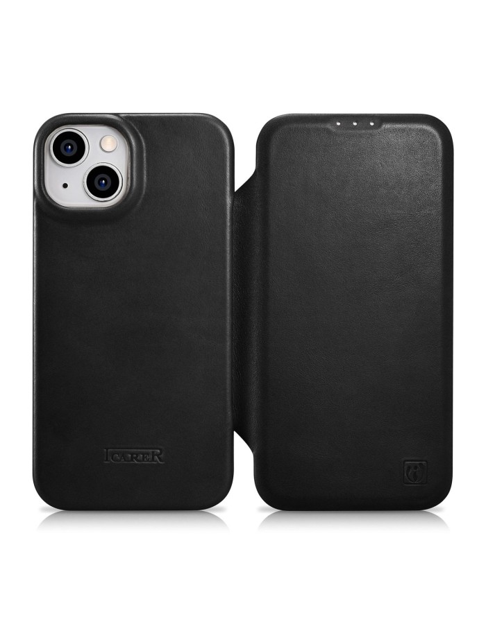 iCarer CE Oil Wax Premium Leather Folio Case Leather Case iPhone 14 Plus Magnetic Flip MagSafe Black (AKI14220707-BK)