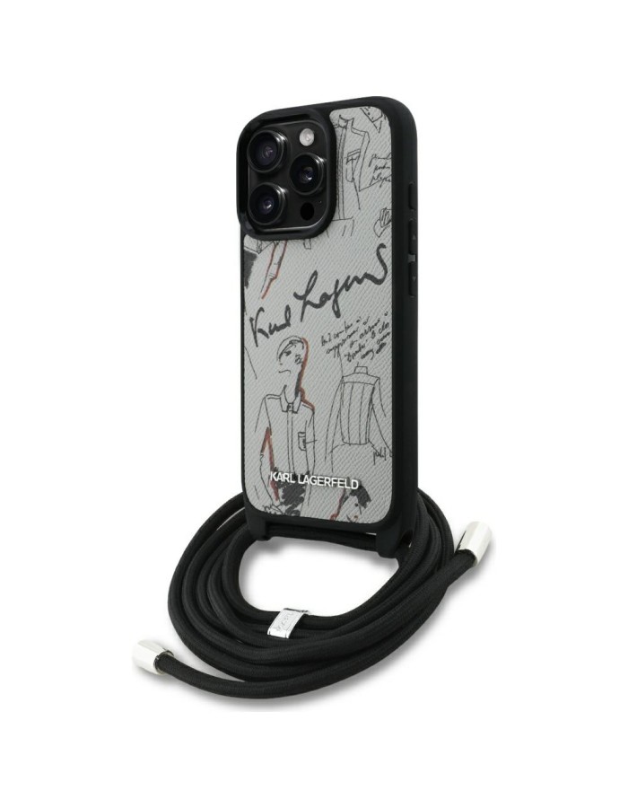 Karl Lagerfeld Crossbody Grained Pattern &amp;amp; Logo Case for iPhone 16 Pro Max - Gray