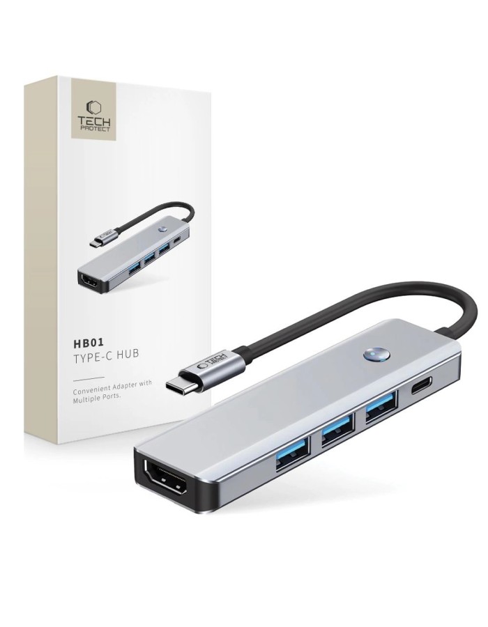 Tech-Protect HB01 HUB Adapter 5in1 USB-C + USB3.0 + HDMI 4K 60Hz + PD100W - gray Tech-Protect HB01 HUB Adapter 5in1 USB-C + USB3.0 + HDMI 4K 60Hz + PD100W - gray