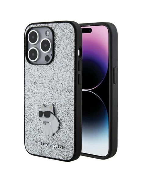 Karl Lagerfeld Fixed Glitter Choupette Logo Metal Pin Case for iPhone 15 Pro Max - Silver