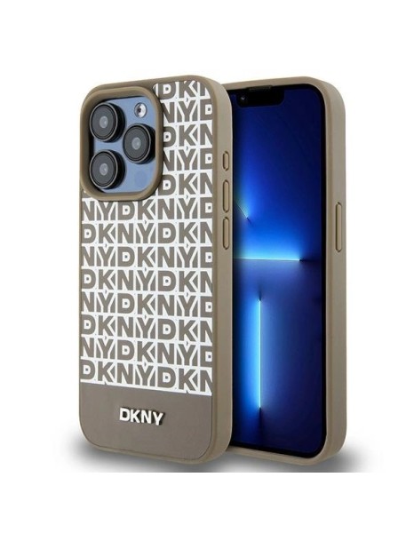 DKNY Leather Printed Pattern Metal Logo MagSafe Case for iPhone 15 Pro Max - Brown