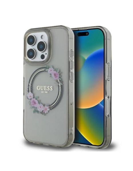 Guess IML Flowers Wreath MagSafe Case for iPhone 16 Pro - Black