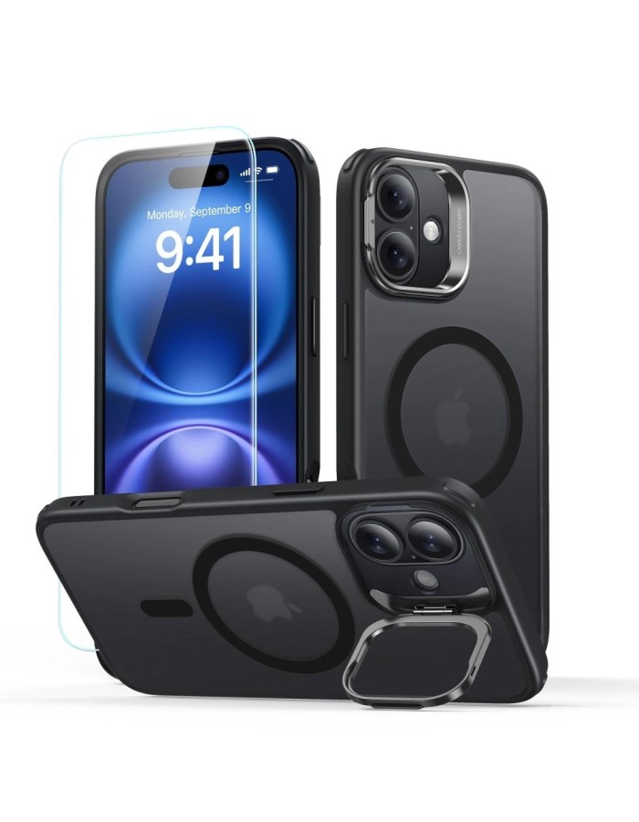 ESR Classic Hybrid Kickstand Halolock MagSafe Case Set + Tempered Glass for iPhone 16 - Black