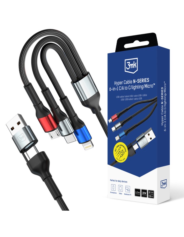 3mk Hyper Cable N-SERIES 6 in 1 USB-C / USB-A to USB-C / Lightning / Micro 1.2m QC 3.0 9V / 2A 18W - black 3mk Hyper Cable N-SERIES 6 in 1 USB-C / USB-A to USB-C / Lightning / Micro 1.2m QC 3.0 9V / 2A 18W - black