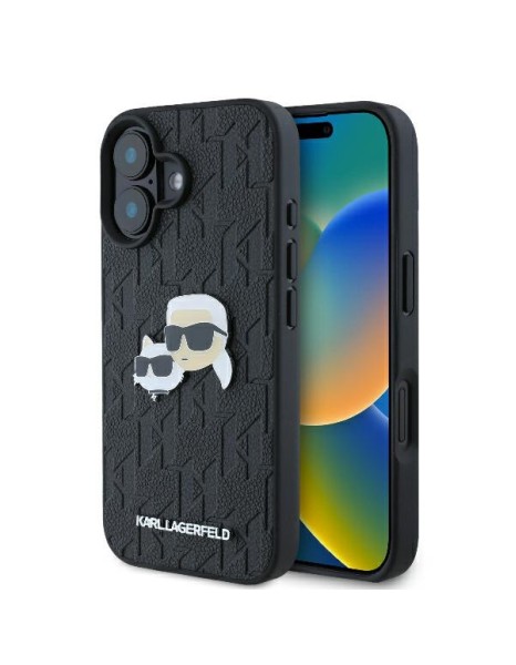 Karl Lagerfeld Monogram Karl & Choupette Head Pin iPhone 16 Plus Case - Black Karl Lagerfeld Monogram Karl & Choupette Head Pin iPhone 16 Plus Case - Black