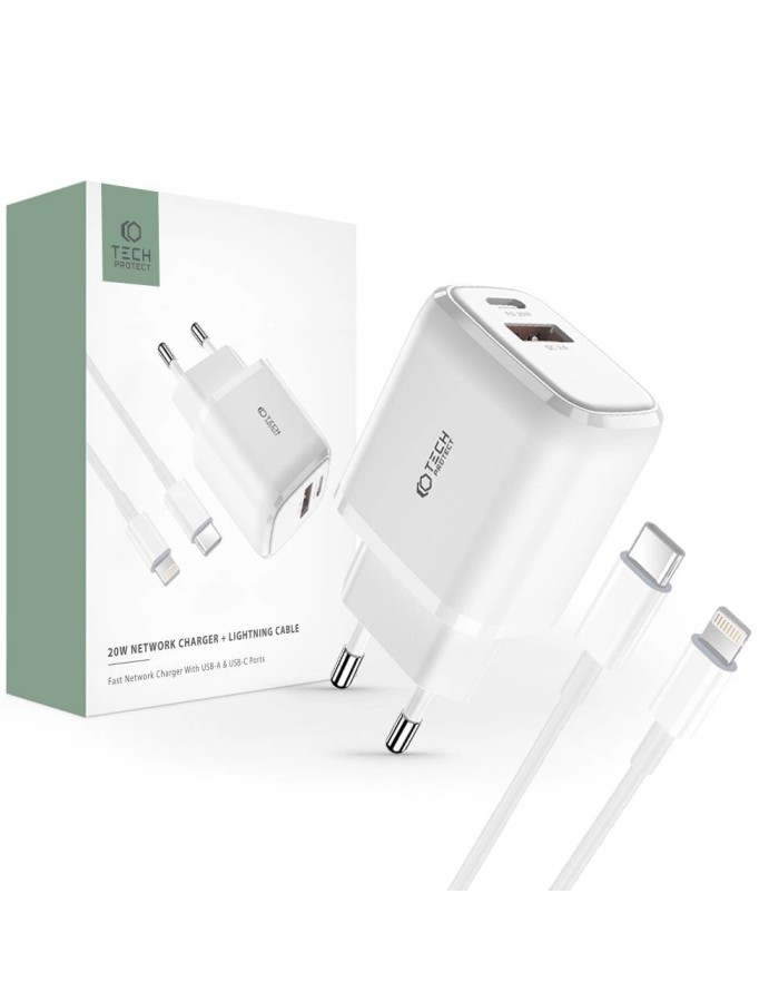 Tech-Protect C20W USB-C PD 20W / USB-A QC 3.0 Charger with USB-C / Lightning Cable - White
