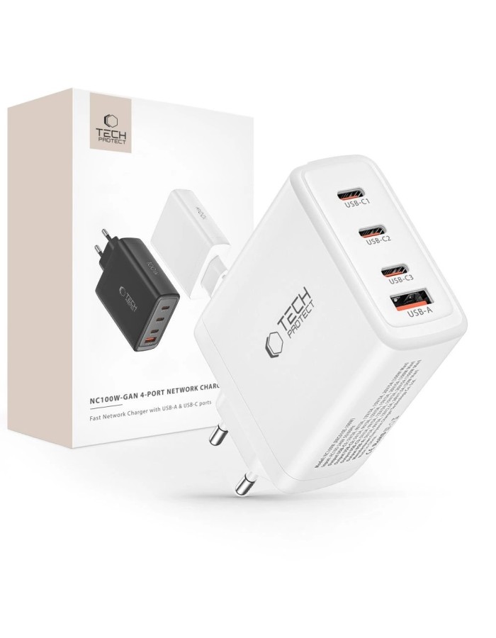 Tech-Protect NC100W-GAN charger GaN 3x USB-C PD 100W / USB-A QC 3.0 - white