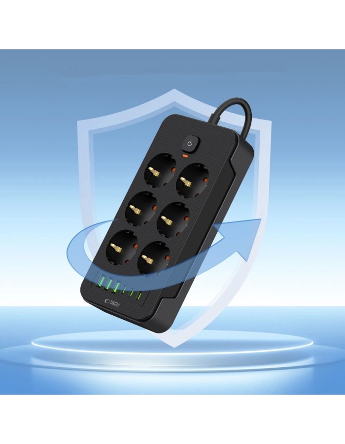 Tech-Protect PC6X6 Power Strip 6 Sockets 240V + 3xUSB-A + 3xUSB-C 200cm - Black