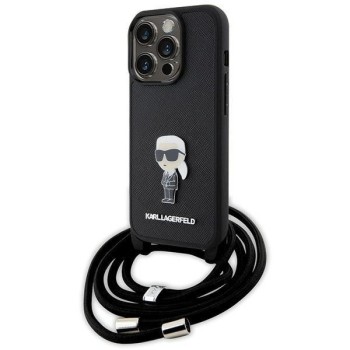 Karl Lagerfeld Crossbody Saffiano Monogram Metal Pin Karl &amp;amp; Choupette Case for iPhone 15 Pro - Black