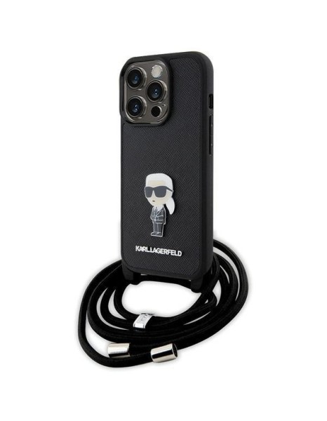 Karl Lagerfeld Crossbody Saffiano Monogram Metal Pin Karl &amp;amp; Choupette Case for iPhone 15 Pro - Black